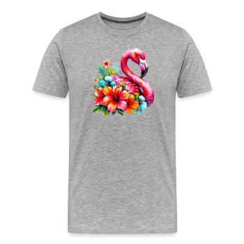 Flamingo verziert mit Hibiskusblüten - Männer Premium Bio T-Shirt - Grau meliert - Vorne - Damien (186cm)