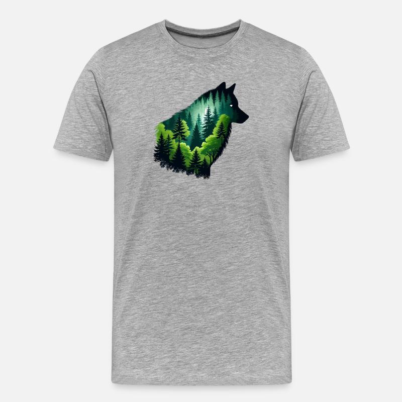 Silhouette Wolf mit grünem Wald - Männer Premium Bio T-Shirt - Grau meliert