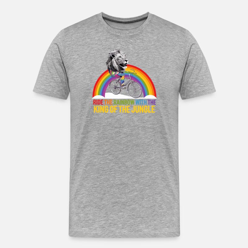 Löwe reitet Regenbogen mit Dschungeltext - Männer Premium Bio T-Shirt - Grau meliert