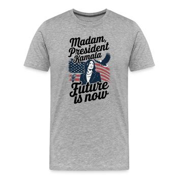 MADAME LA PRÉSIDENTE KAMALA, L’AVENIR, C’EST MAINTENANT - T-shirt bio Premium Homme - gris chiné - Devant - Damien (186cm)