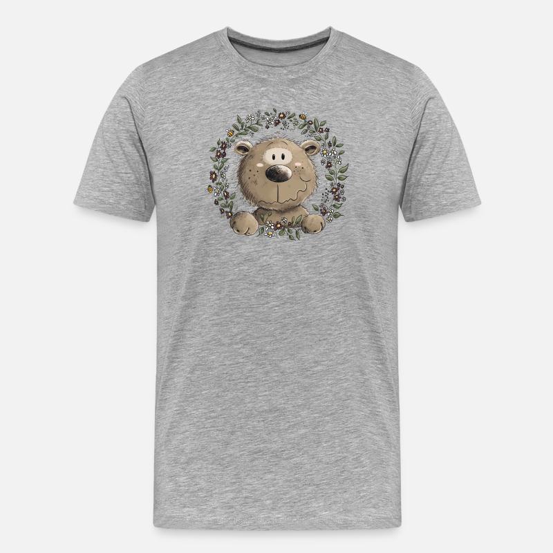 Drolliger Brauner Bär Blätterkranz Wildtier Comic - Männer Premium Bio T-Shirt - Grau meliert