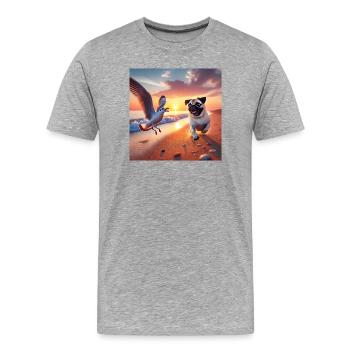 Lebendige Strandabenteuer mit Hund und Möwe - Männer Premium Bio T-Shirt - Grau meliert - Vorne - Damien (186cm)