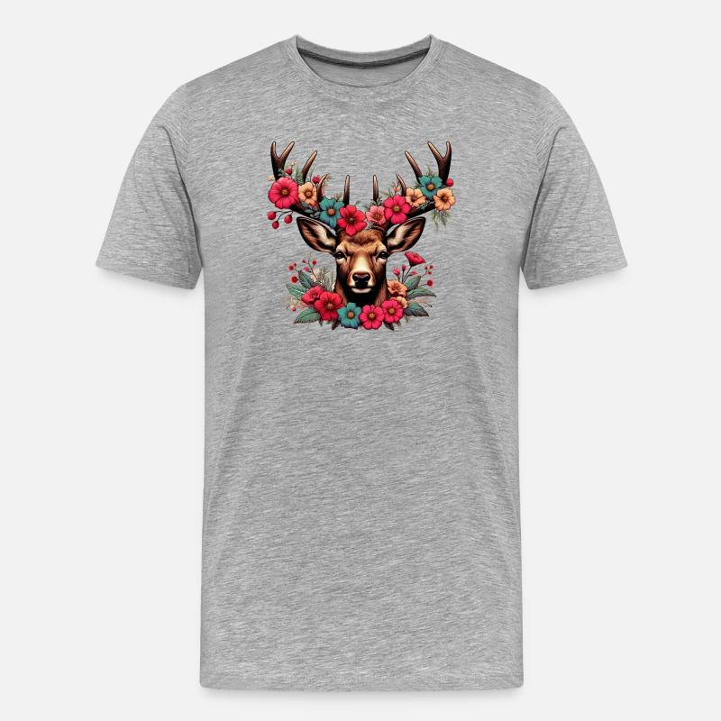 Hirsch mit Blumen - Männer Premium Bio T-Shirt - Grau meliert
