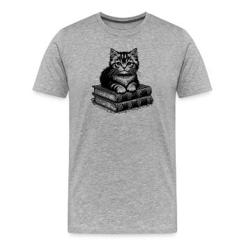 Cat on pile of books - Men's Premium Organic T-Shirt - heather grey - Front - Damien (186cm)