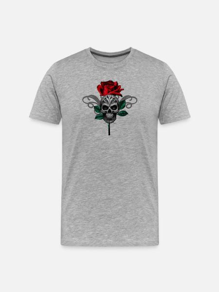 Gothic-Rose mit menschenschädel, Tribalmuster - Männer Premium Bio T-Shirt - Grau meliert