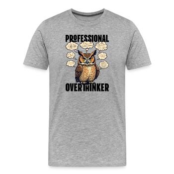 Professional Overthinker – Owl with Thought Bubbles - Men's Premium Organic T-Shirt - heather grey - Front - Damien (186cm)