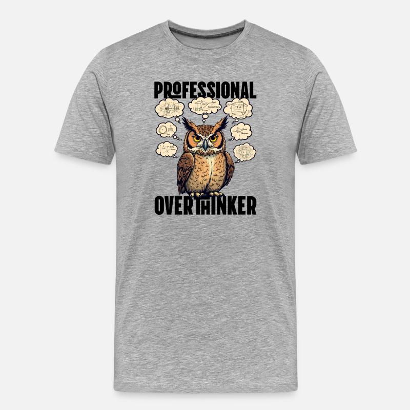 Professional Overthinker – Eule mit Gedankenblasen - Männer Premium Bio T-Shirt - Grau meliert