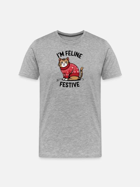 Festliche Katze mit Weihnachtspullover - Männer Premium Bio T-Shirt - Grau meliert