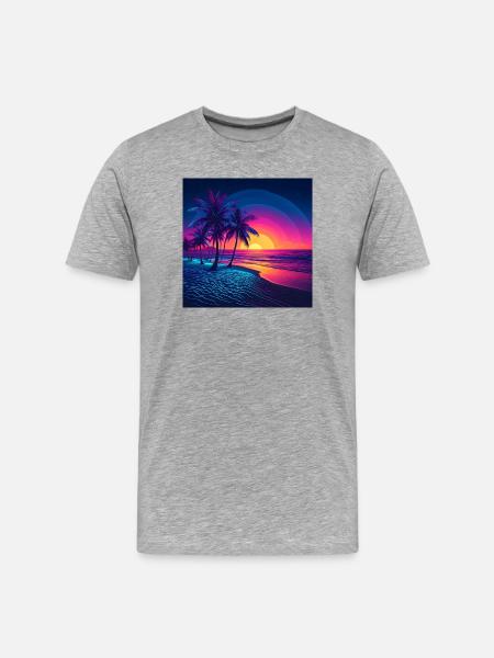 Neon Sonnenuntergang Palmenstrand - Männer Premium Bio T-Shirt - Grau meliert