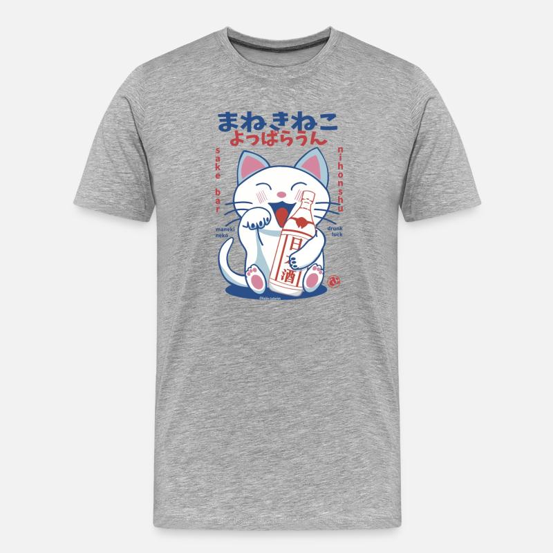 Lucky Cat Drunk on Sake - Männer Premium Bio T-Shirt - Grau meliert