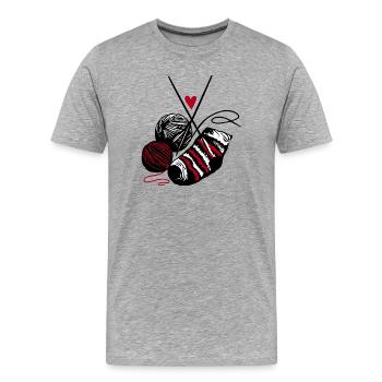 Wolle, Stricknadeln und Herzen – Handarbeit Fan - Männer Premium Bio T-Shirt - Grau meliert - Vorne - Damien (186cm)