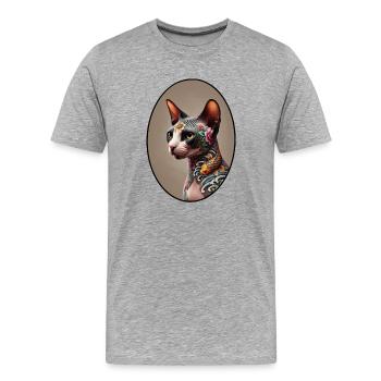 Chat Sphynx Tatoué - T-shirt bio Premium Homme - gris chiné - Devant - Damien (186cm)