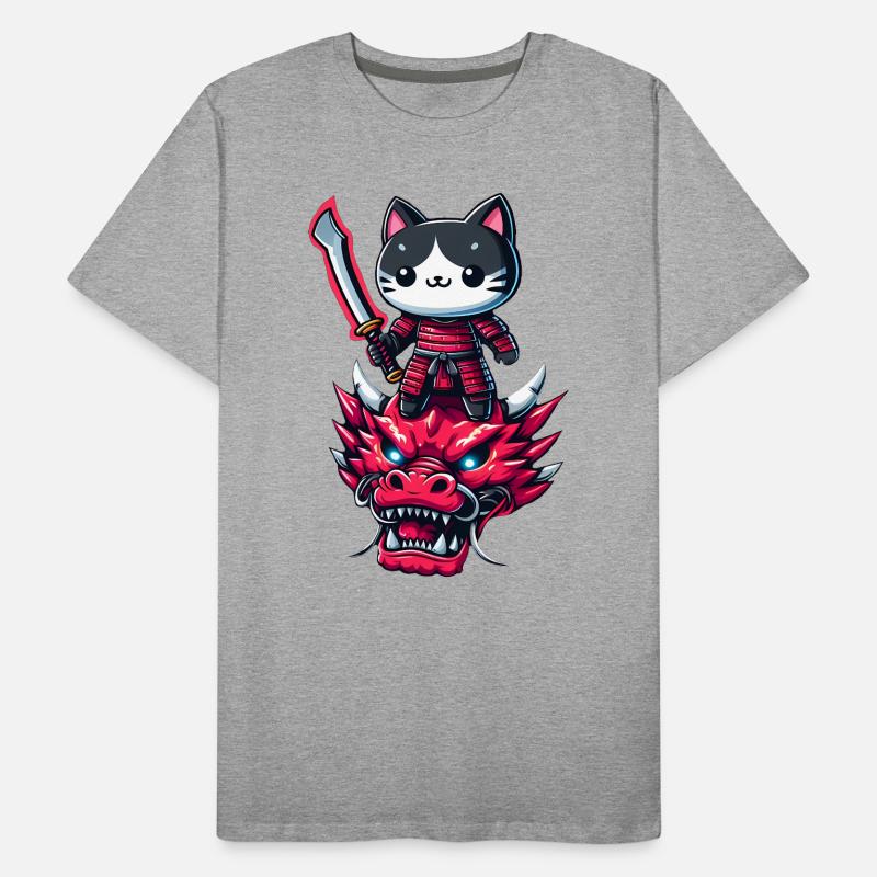Samurai-Katze mit Schwert auf Drache in epischem 3D-Effekt Männer Premium Bio T-Shirt