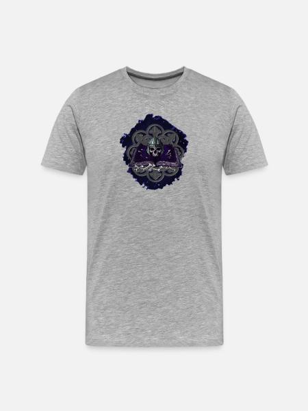 Schädelhelm mit menschenknochen auf dunklem Buch - Männer Premium Bio T-Shirt - Grau meliert