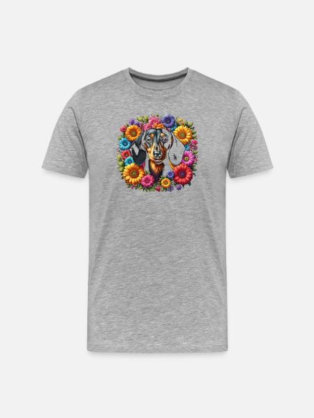 Dackel in bunten Blumen - Männer Premium Bio T-Shirt - Grau meliert