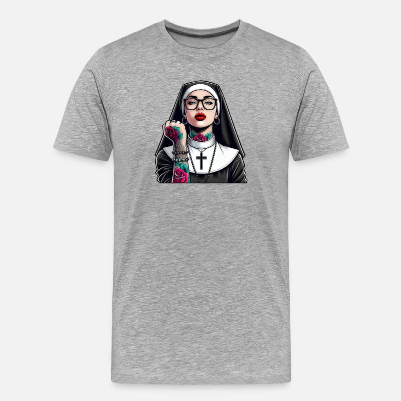 Nonne mit Tattoo - Männer Premium Bio T-Shirt - Grau meliert