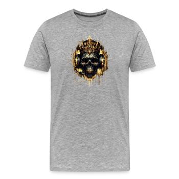 Goldener Gaming Totenkopf mit Krone und Headset - Männer Premium Bio T-Shirt - Grau meliert - Vorne - Damien (186cm)