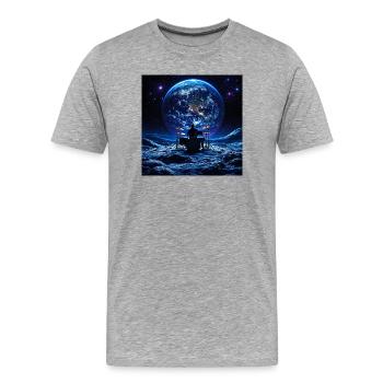 Schlagzeuger auf Mond vor der Erde Im Weltall - Männer Premium Bio T-Shirt - Grau meliert - Vorne - Damien (186cm)