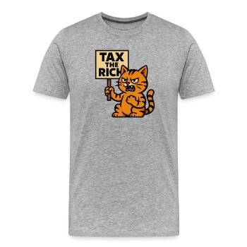 Angry Cat – Taxez les riches | Prostate sarcastique - T-shirt bio Premium Homme - gris chiné - Devant - Damien (186cm)