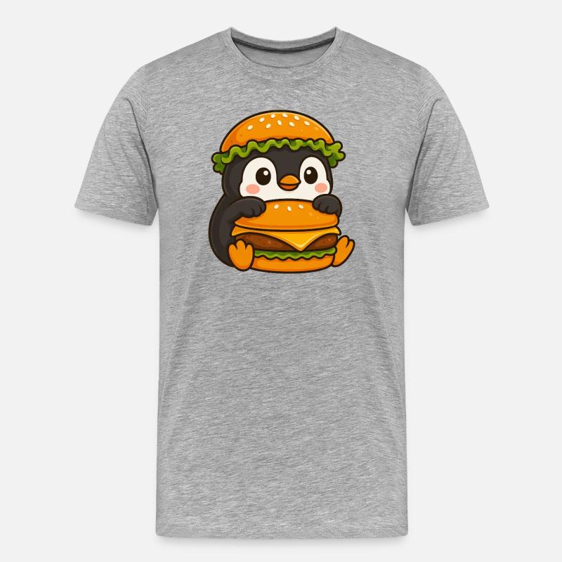 Süßer Pinguin mit Hamburger Cheeseburger Fast - Männer Premium Bio T-Shirt - Grau meliert