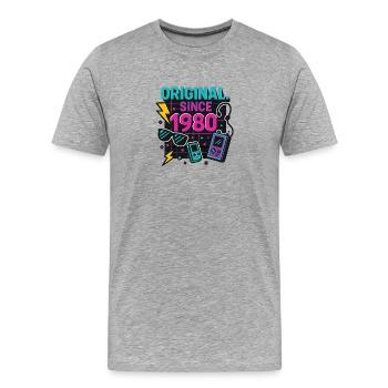 Langue source. Depuis 1980 – Neon Edition Année de naissance - T-shirt bio Premium Homme - gris chiné - Devant - Damien (186cm)