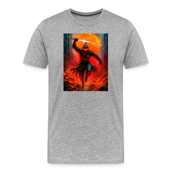 Feuriger Ninja im Kampf - Männer Premium Bio T-Shirt - Grau meliert - Vorne - Damien (186cm)