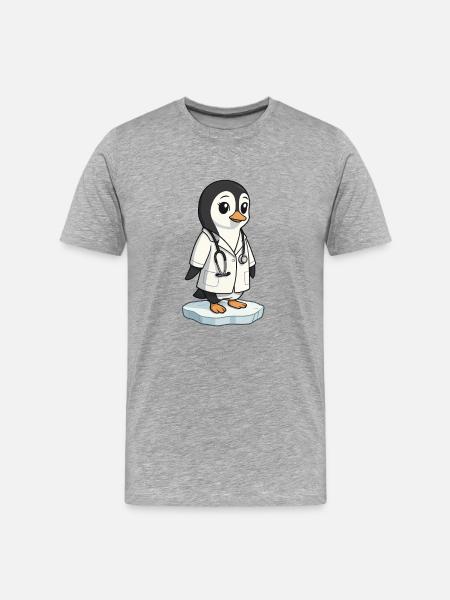 Pflege-Pinguin im Arztkittel - Männer Premium Bio T-Shirt - Grau meliert