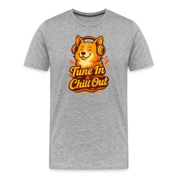 "Tune In & Chill Out" Happy Corgi mit Kopfhörern - Männer Premium Bio T-Shirt - Grau meliert - Vorne - Damien (186cm)