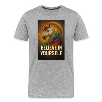 Glaub an dich selbst Einhorn Regenbogen - Männer Premium Bio T-Shirt - Grau meliert - Vorne - Damien (186cm)