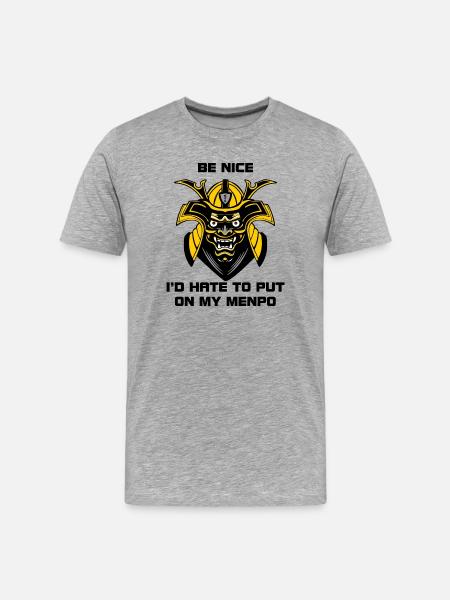 Yellow-Black Menpo with Warning Text - Men's Premium Organic T-Shirt - heather grey