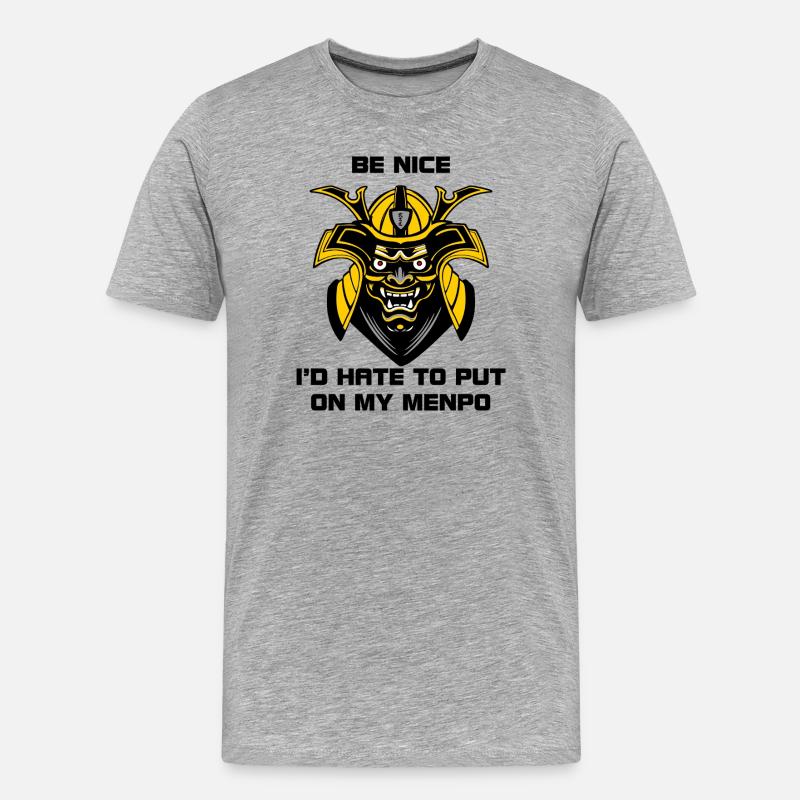 Gelb-schwarzer Menpo mit Warntext - Männer Premium Bio T-Shirt - Grau meliert