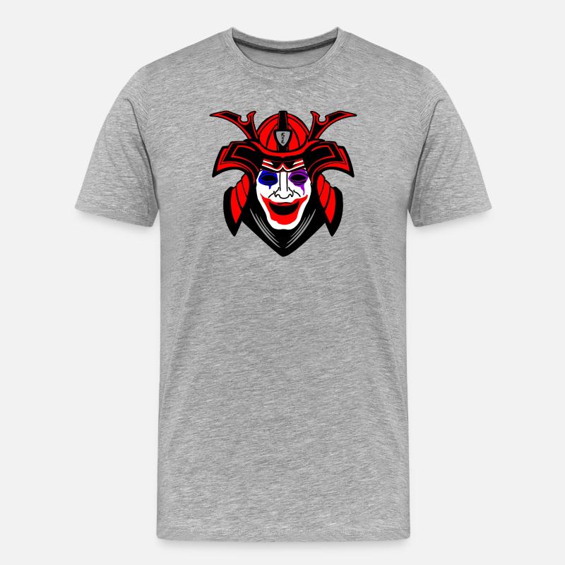 Glücklicher Samurai mit Menpo Maske - Männer Premium Bio T-Shirt - Grau meliert