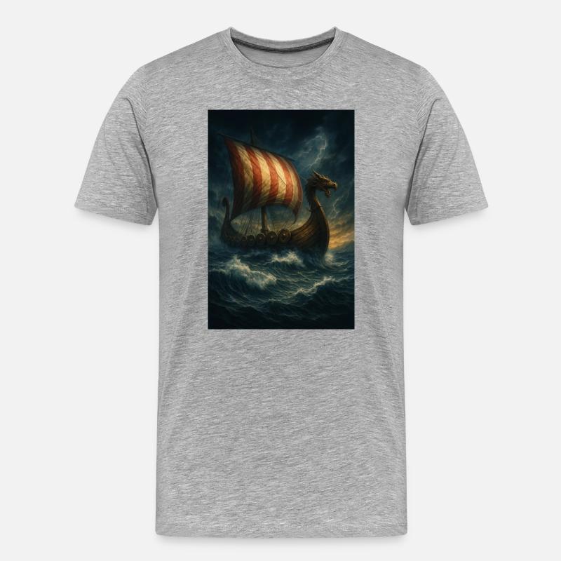 Wikinger-Schiff im Sturm - Männer Premium Bio T-Shirt - Grau meliert