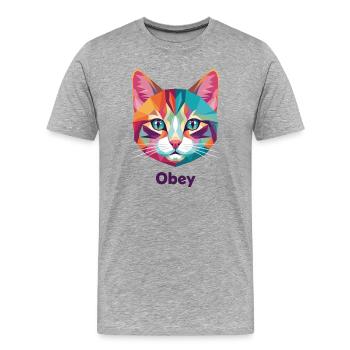 Geometric Cat Head with Obey Text - Men's Premium Organic T-Shirt - heather grey - Front - Damien (186cm)
