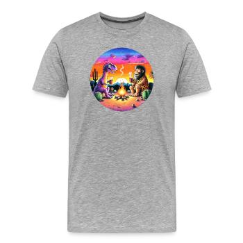 Illustration de rencontre préhistorique autour d’un feu de camp - T-shirt bio Premium Homme - gris chiné - Devant - Damien (186cm)