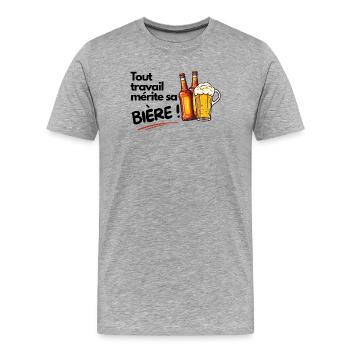 Tout travail mérite sa Bière - T-shirt bio Premium Homme - gris chiné - Devant - Damien (186cm)