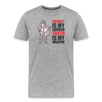 Chevalier avec armure et citation stimulante - T-shirt bio Premium Homme - gris chiné - Devant - Damien (186cm)