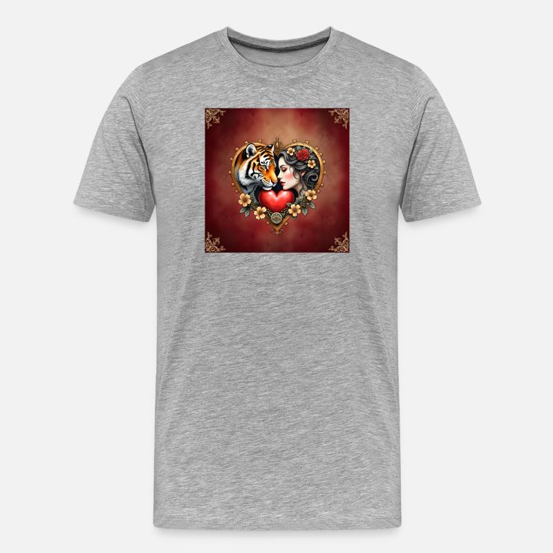 Wilde Liebe mit Tiger und Blume - Männer Premium Bio T-Shirt - Grau meliert