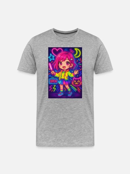Neon Chibi Magic – Bunte Anime-Energie - Männer Premium Bio T-Shirt - Grau meliert