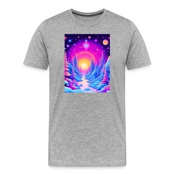 « Rêves de forêt cosmique - Voyage au coucher du soleil au néon » - T-shirt bio Premium Homme - gris chiné - Devant - Damien (186cm)