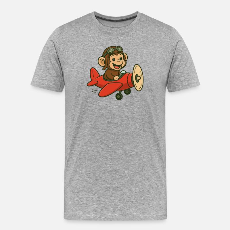 Lachender Affe im Flugzeug mit Pilotbrille - Männer Premium Bio T-Shirt - Grau meliert