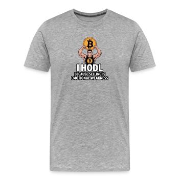 Muskulöser Bitcoin HODL Humor - Männer Premium Bio T-Shirt - Grau meliert - Vorne - Damien (186cm)