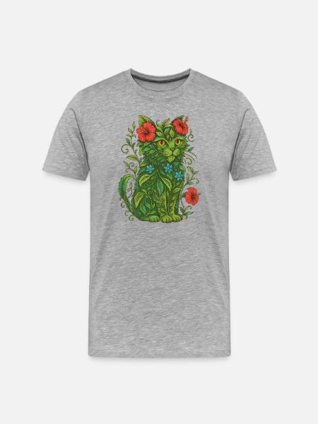 Floral Cat Illustration - Men's Premium Organic T-Shirt - heather grey