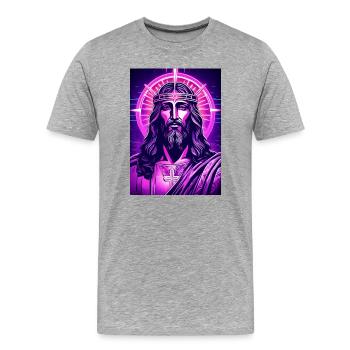 Neon Jesus mit Heiligenschein - Männer Premium Bio T-Shirt - Grau meliert - Vorne - Damien (186cm)