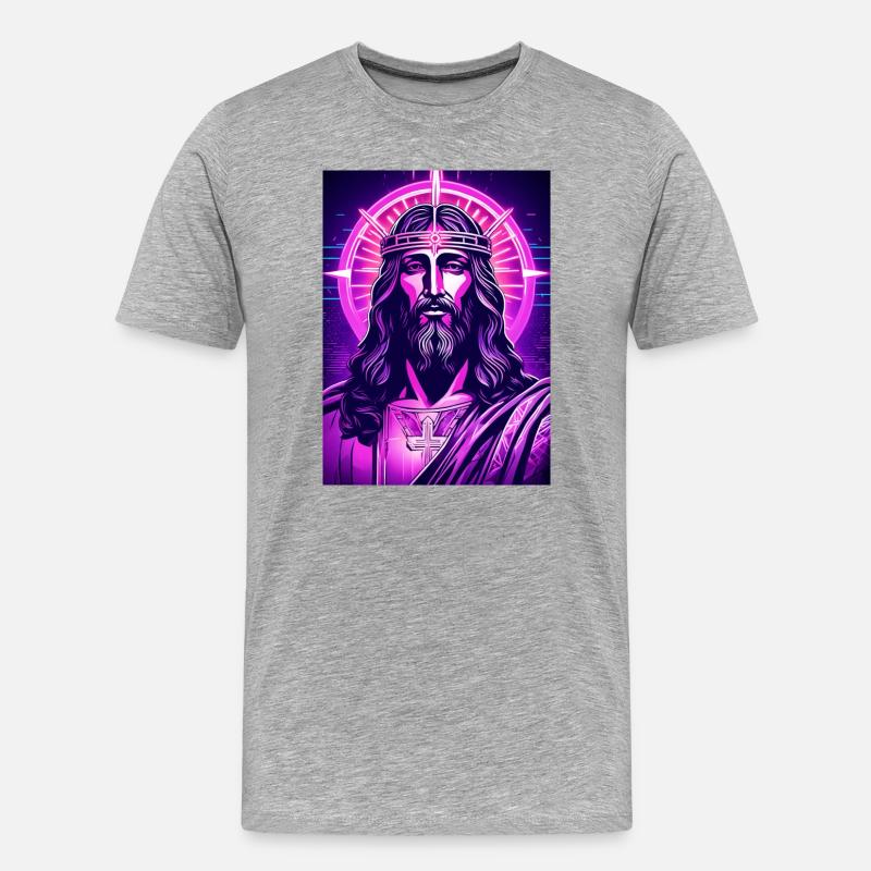 Neon Jesus mit Heiligenschein - Männer Premium Bio T-Shirt - Grau meliert