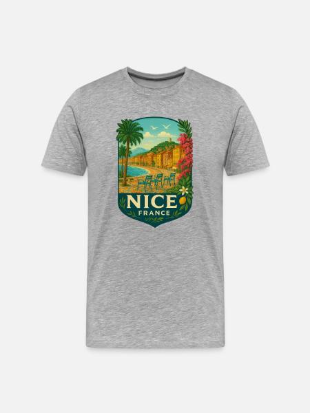 Nice - Scène côtière ensoleillée - T-shirt bio Premium Homme - gris chiné