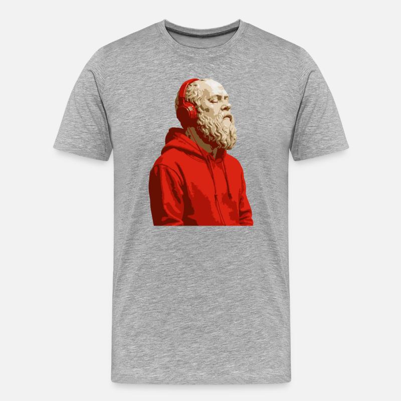Sokrates in rotem Kapuzenpullover und Kopfhörern - Männer Premium Bio T-Shirt - Grau meliert