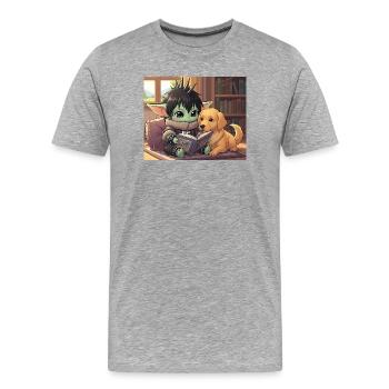 Little Goblin with Dog and Comic Book - Men's Premium Organic T-Shirt - heather grey - Front - Damien (186cm)