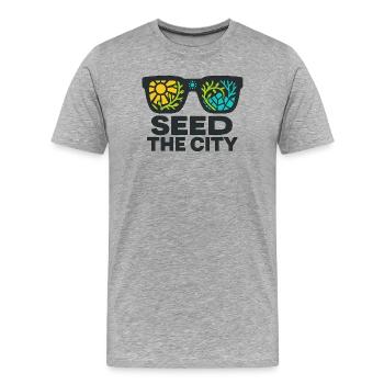 Seed the City – Urbanes Grün - Männer Premium Bio T-Shirt - Grau meliert - Vorne - Damien (186cm)