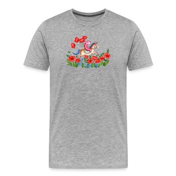 Ein Regenwurm auf einem Pferd in einem Mohnfeld - Männer Premium Bio T-Shirt - Grau meliert - Vorne - Damien (186cm)